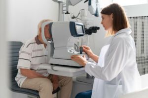 mulher oftalmologista operando máquina em consulta com homem idoso